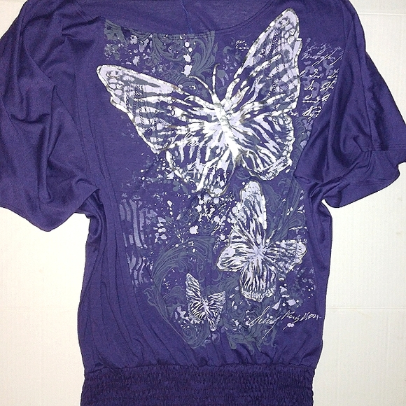 ☆NWT☆Gorgeous Plus Size Mi Manchi Royal Purple Silver Metallic Butterfly Blouse☆ - Picture 9 of 15